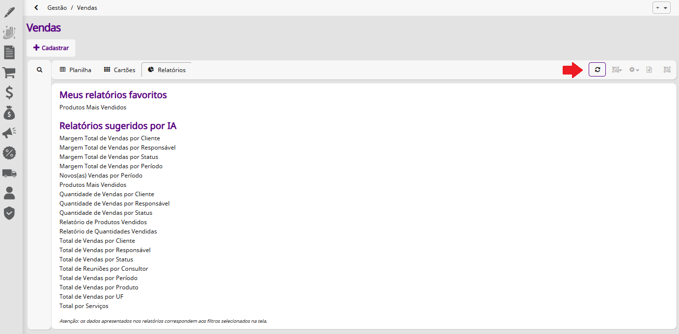 Atualização de relatórios